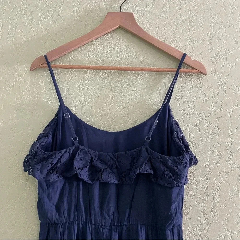 IZ Byer Maxi Dress Medium Lace Ruffle Navy Blue Lined Boho Cottage Sleeveless - Picture 4 of 11